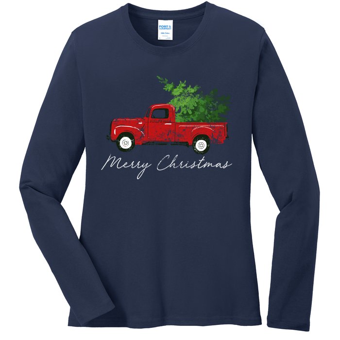 Vintage Wagon Christmas Tree On Truck Ladies Long Sleeve Shirt