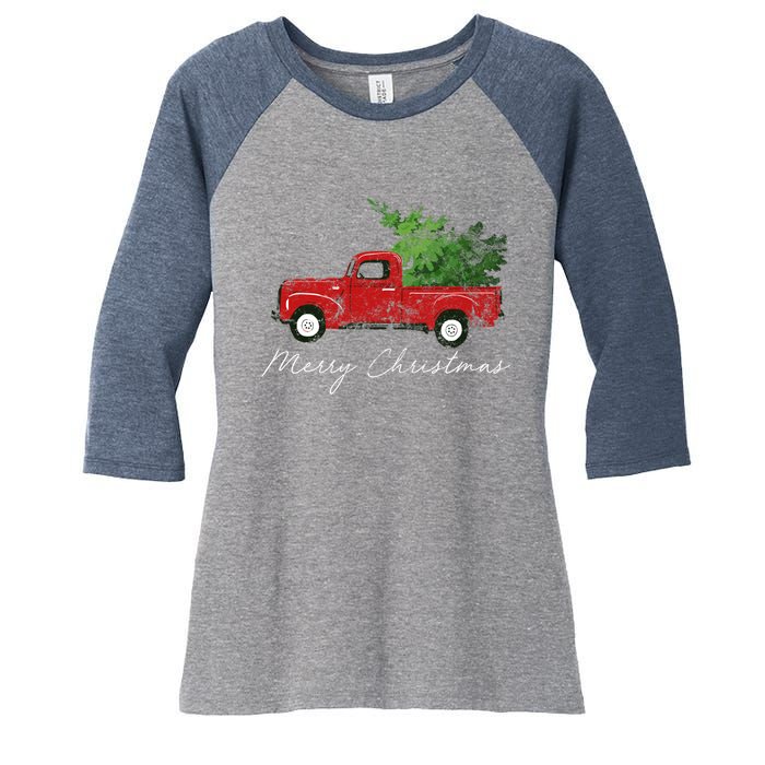 Vintage Wagon Christmas Tree On Truck Women's Tri-Blend 3/4-Sleeve Raglan Shirt