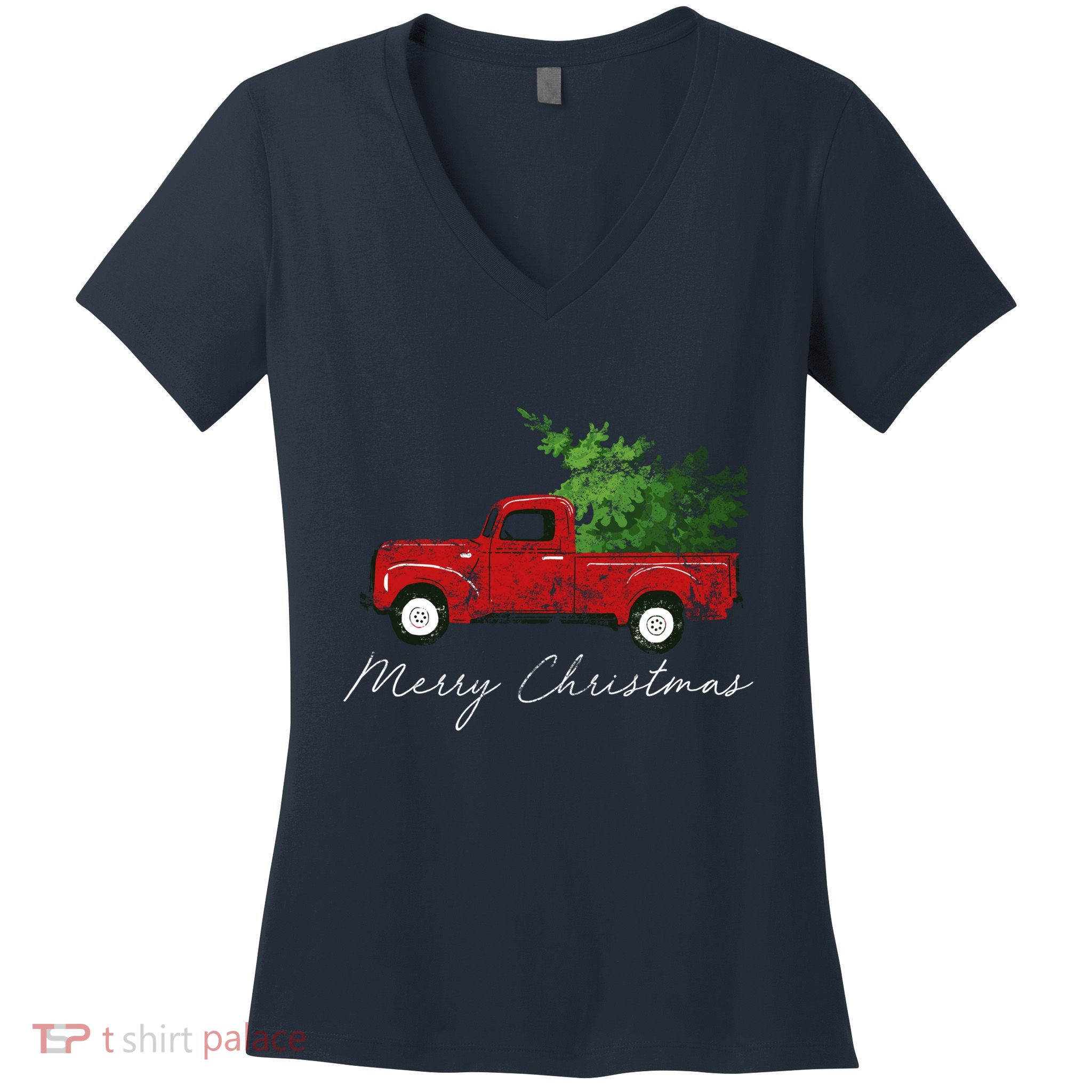 Vintage Wagon Christmas Tree On Truck Women's V-Neck T-Shirt