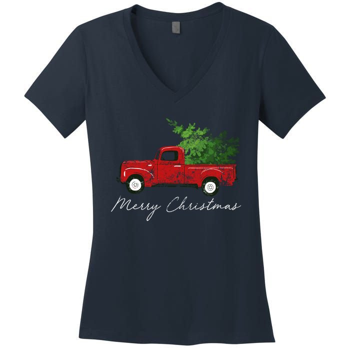 Vintage Wagon Christmas Tree On Truck Women's V-Neck T-Shirt