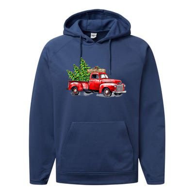 Vintage Wagon Christmas Shirts Xmas Tree On Car Red Truck Performance Fleece Hoodie