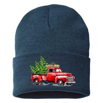 Vintage Wagon Christmas Shirts Xmas Tree On Car Red Truck Sustainable Knit Beanie