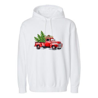 Vintage Wagon Christmas Shirts Xmas Tree On Car Red Truck Garment-Dyed Fleece Hoodie