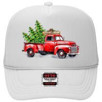 Vintage Wagon Christmas Shirts Xmas Tree On Car Red Truck High Crown Mesh Back Trucker Hat