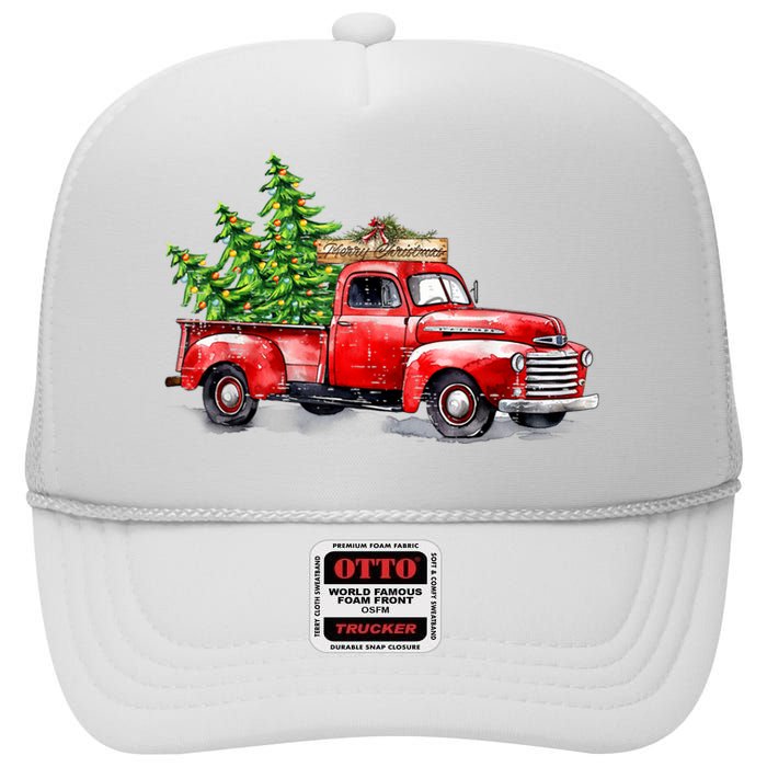 Vintage Wagon Christmas Shirts Xmas Tree On Car Red Truck High Crown Mesh Back Trucker Hat