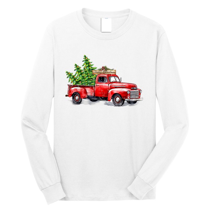 Vintage Wagon Christmas Shirts Xmas Tree On Car Red Truck Long Sleeve Shirt