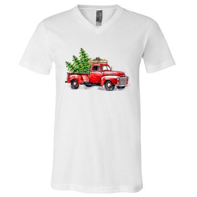 Vintage Wagon Christmas Shirts Xmas Tree On Car Red Truck V-Neck T-Shirt