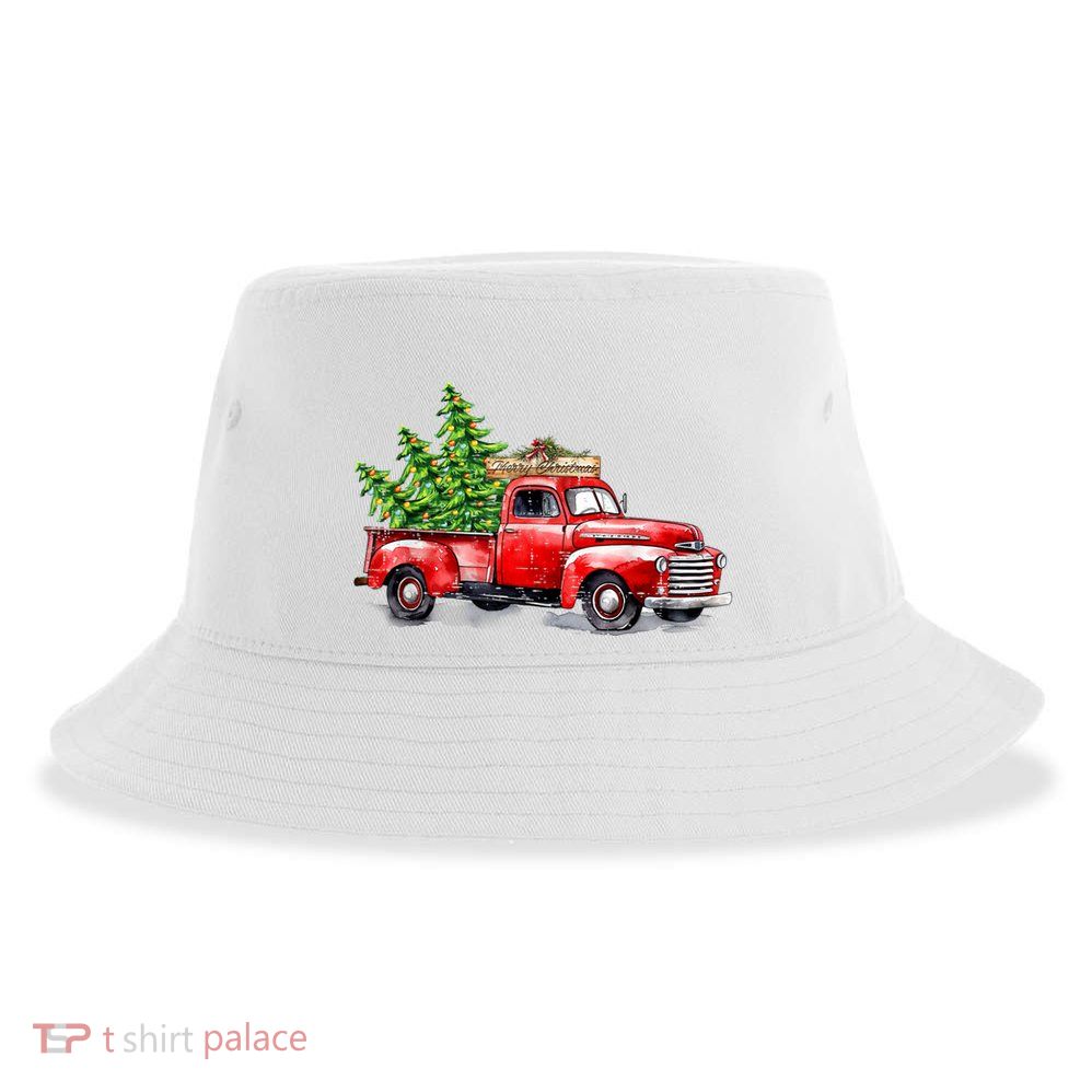 Vintage Wagon Christmas Shirts Xmas Tree On Car Red Truck Sustainable Bucket Hat