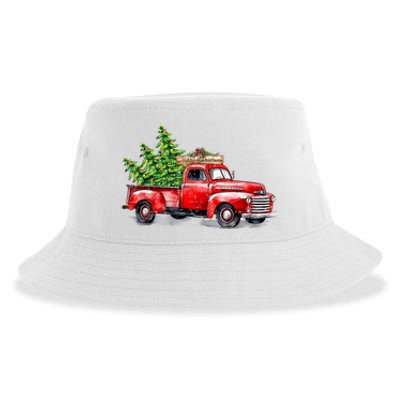 Vintage Wagon Christmas Shirts Xmas Tree On Car Red Truck Sustainable Bucket Hat