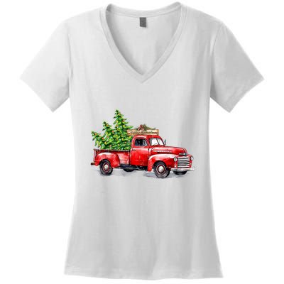 Vintage Wagon Christmas Shirts Xmas Tree On Car Red Truck Women's V-Neck T-Shirt