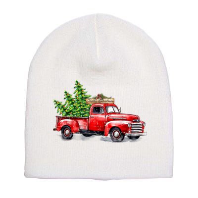 Vintage Wagon Christmas Shirts Xmas Tree On Car Red Truck Short Acrylic Beanie