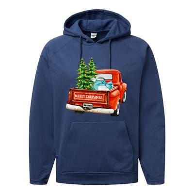 Vintage Wagon Christmas Classic Red Truck Car Xmas Trees Performance Fleece Hoodie