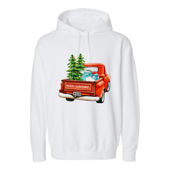 Vintage Wagon Christmas Classic Red Truck Car Xmas Trees Garment-Dyed Fleece Hoodie