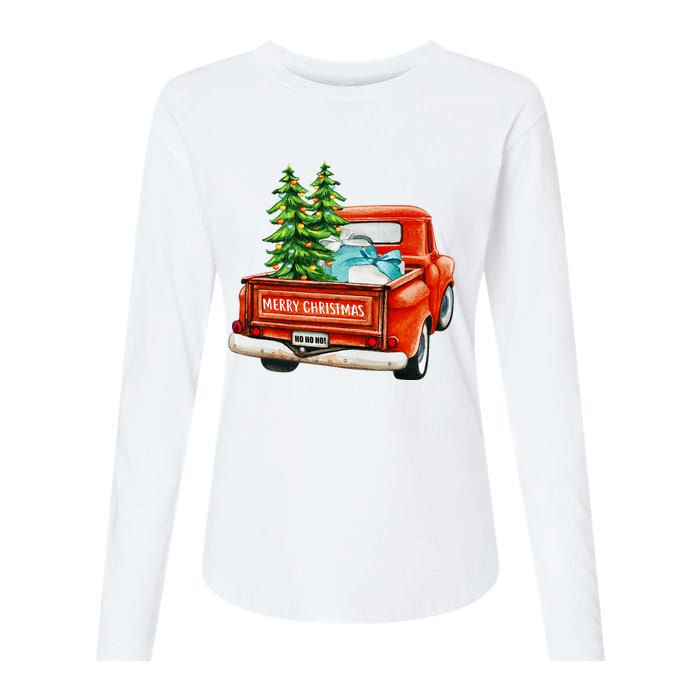 Vintage Wagon Christmas Classic Red Truck Car Xmas Trees Womens Cotton Relaxed Long Sleeve T-Shirt