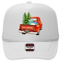 Vintage Wagon Christmas Classic Red Truck Car Xmas Trees High Crown Mesh Back Trucker Hat