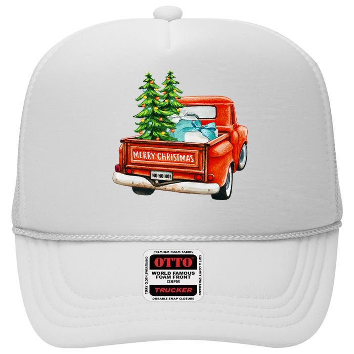 Vintage Wagon Christmas Classic Red Truck Car Xmas Trees High Crown Mesh Back Trucker Hat