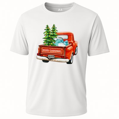 Vintage Wagon Christmas Classic Red Truck Car Xmas Trees Cooling Performance Crew T-Shirt