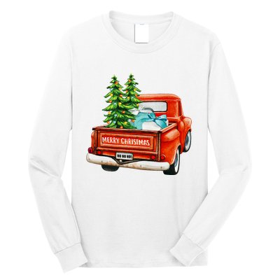 Vintage Wagon Christmas Classic Red Truck Car Xmas Trees Long Sleeve Shirt