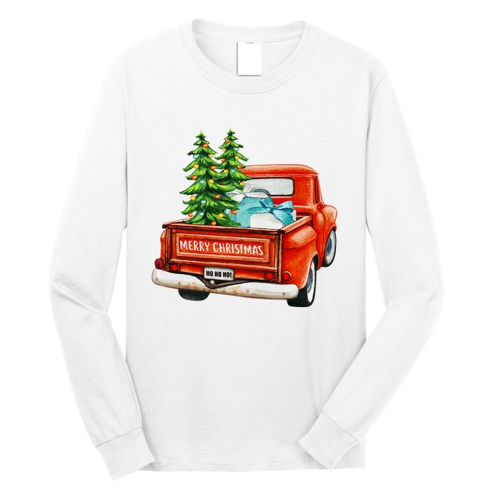 Vintage Wagon Christmas Classic Red Truck Car Xmas Trees Long Sleeve Shirt