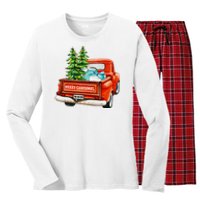 Vintage Wagon Christmas Classic Red Truck Car Xmas Trees Women's Long Sleeve Flannel Pajama Set 