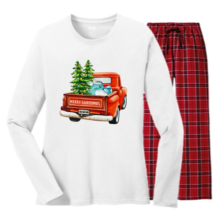 Vintage Wagon Christmas Classic Red Truck Car Xmas Trees Women's Long Sleeve Flannel Pajama Set 