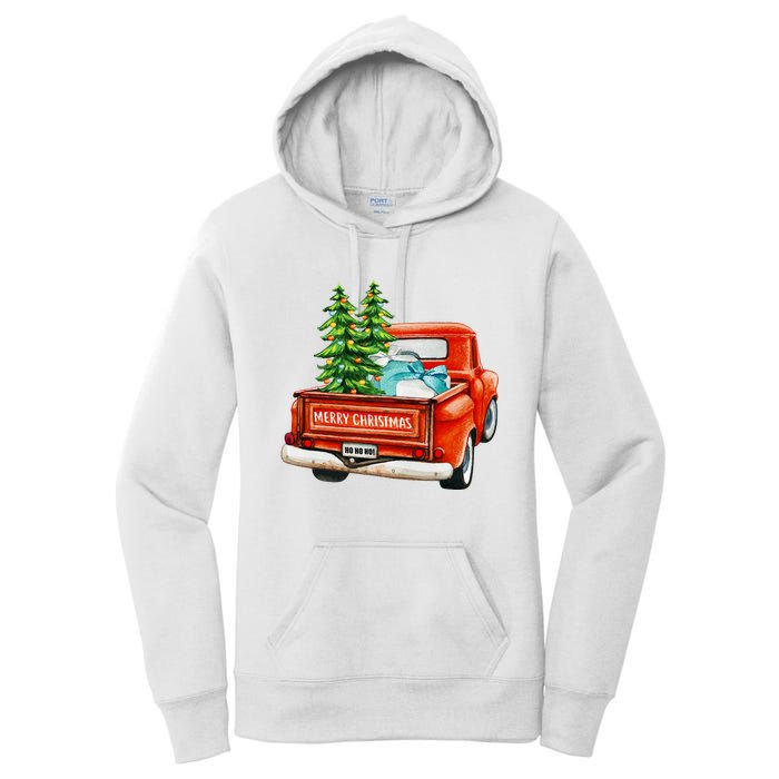 Vintage Wagon Christmas Classic Red Truck Car Xmas Trees Women's Pullover Hoodie