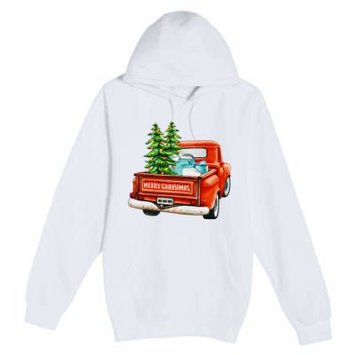 Vintage Wagon Christmas Classic Red Truck Car Xmas Trees Premium Pullover Hoodie