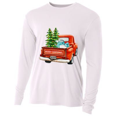 Vintage Wagon Christmas Classic Red Truck Car Xmas Trees Cooling Performance Long Sleeve Crew