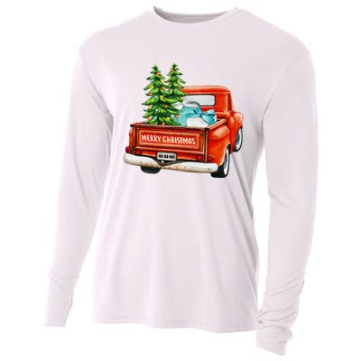 Vintage Wagon Christmas Classic Red Truck Car Xmas Trees Cooling Performance Long Sleeve Crew