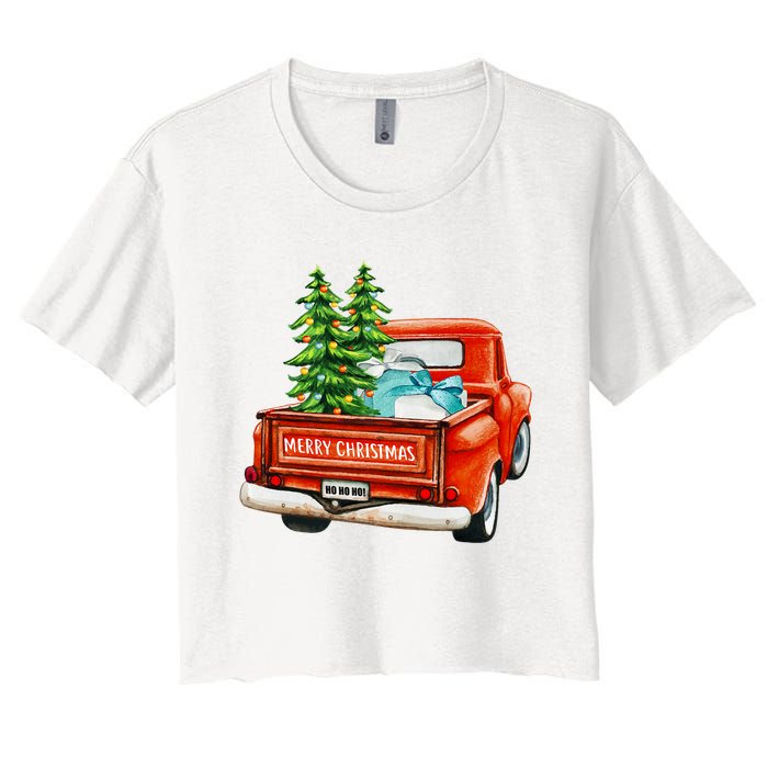 Vintage Wagon Christmas Classic Red Truck Car Xmas Trees Women's Crop Top Tee