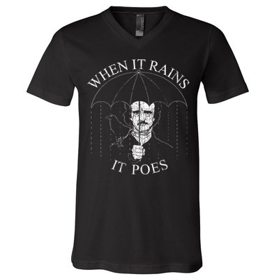 Vintage When It Rains It Poes Funny Edgar Allan Poe V-Neck T-Shirt