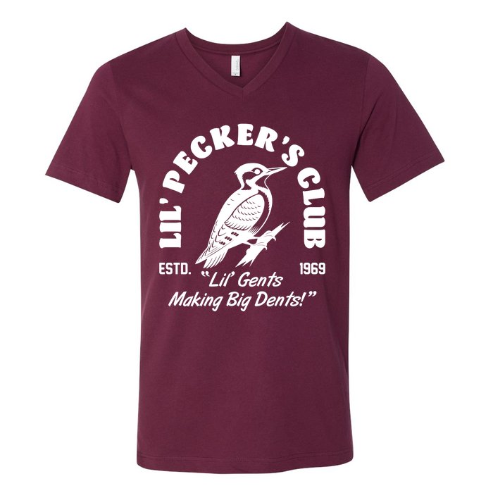 Vintage Woodpecker Lil Peckers Club Estd 1969 Lil Gents Making Big Dents V-Neck T-Shirt