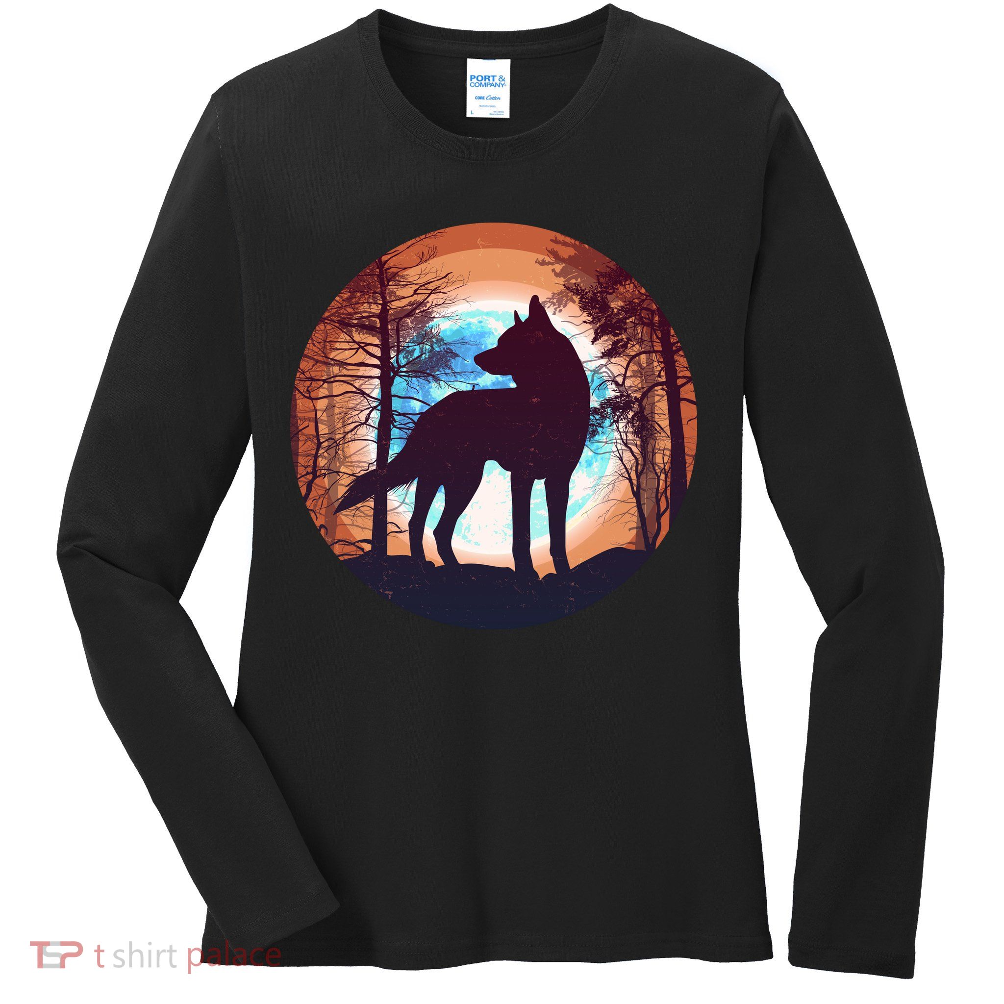 Vintage Wolf Moon Forest Ladies Long Sleeve Shirt