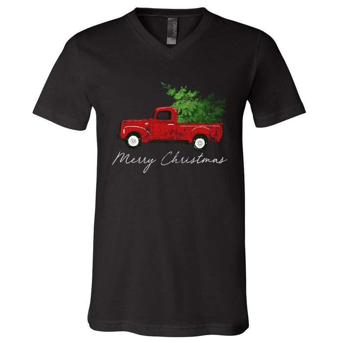 Vintage Wagon Merry Christmas Tree On Truck V-Neck T-Shirt