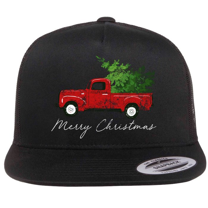 Vintage Wagon Merry Christmas Tree On Truck Flat Bill Trucker Hat