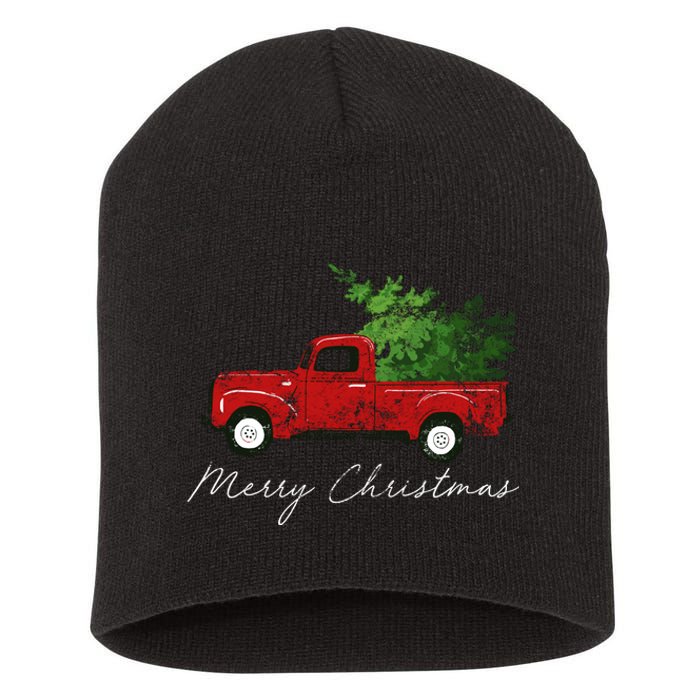 Vintage Wagon Merry Christmas Tree On Truck Short Acrylic Beanie