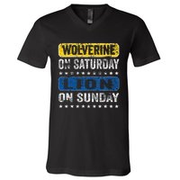 Vintage Wolverine On Saturday Lion On Sunday Detroit V-Neck T-Shirt