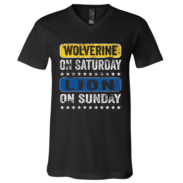 Vintage Wolverine On Saturday Lion On Sunday Detroit V-Neck T-Shirt