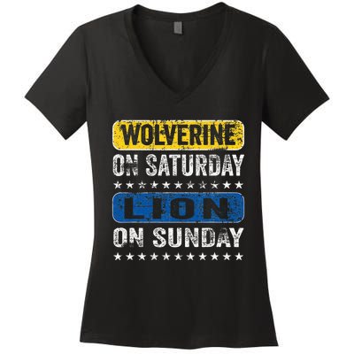 Vintage Wolverine On Saturday Lion On Sunday Detroit Women's V-Neck T-Shirt