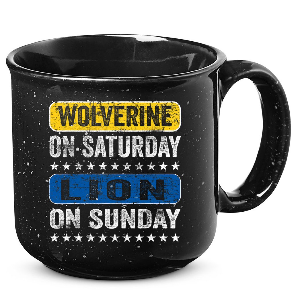 Vintage Wolverine On Saturday Lion On Sunday Detroit 15oz Campfire Ceramic Mug