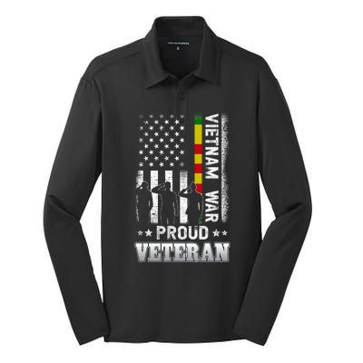 Vietnam War Proud Veteran For Military American Flag Patriotic Silk Touch Performance Long Sleeve Polo