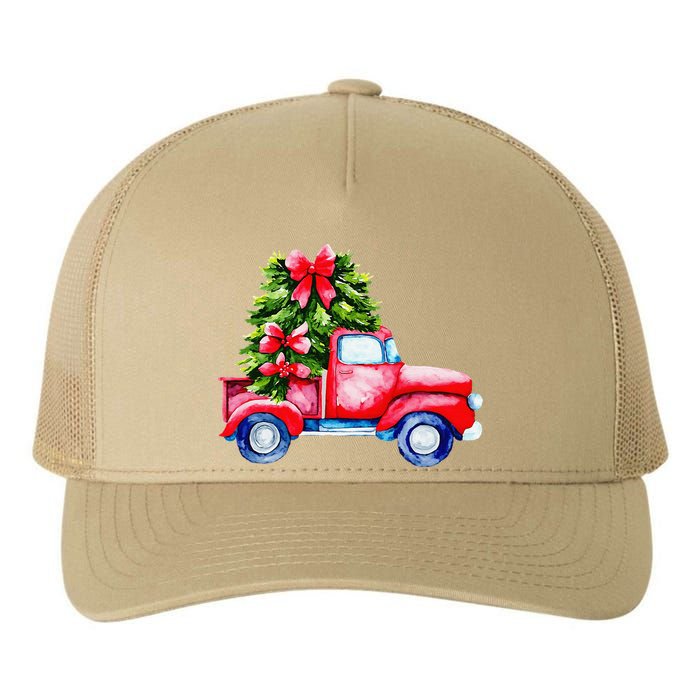 Vintage Wagon Red Car Merry Christmas Tree Truck Xmas Family Yupoong Adult 5-Panel Trucker Hat