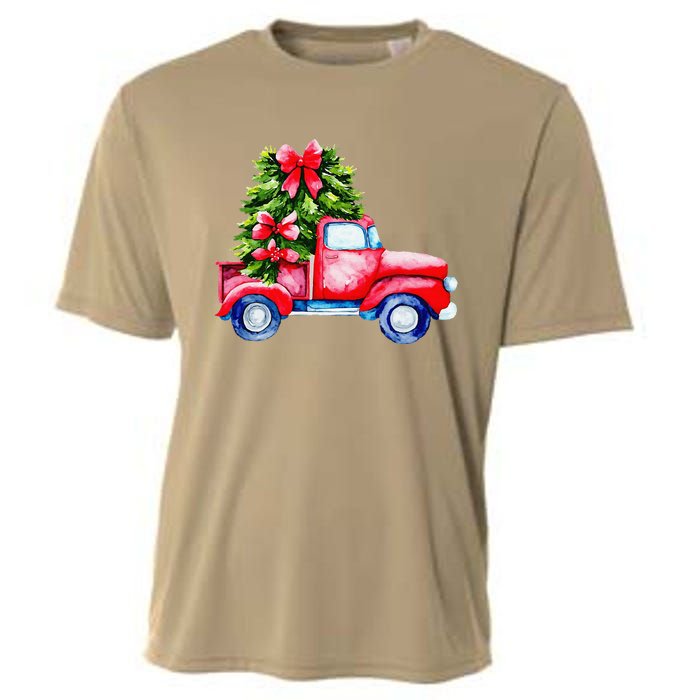 Vintage Wagon Red Car Merry Christmas Tree Truck Xmas Family Cooling Performance Crew T-Shirt