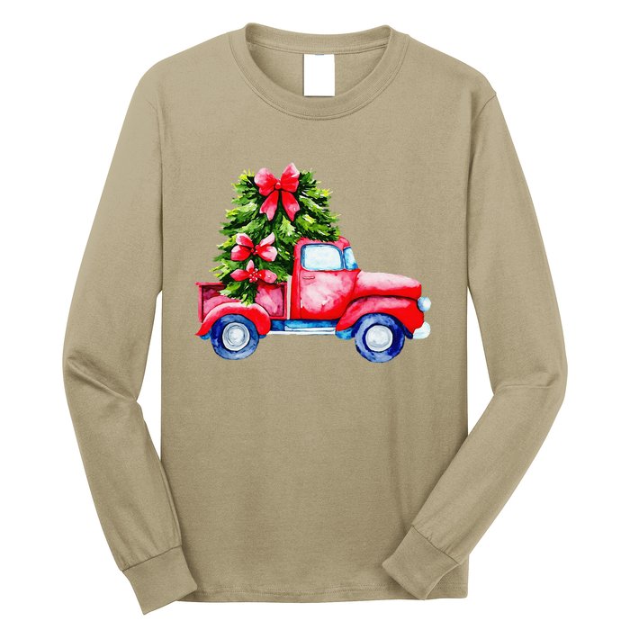 Vintage Wagon Red Car Merry Christmas Tree Truck Xmas Family Long Sleeve Shirt