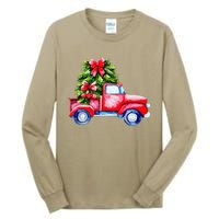 Vintage Wagon Red Car Merry Christmas Tree Truck Xmas Family Tall Long Sleeve T-Shirt