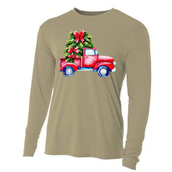 Vintage Wagon Red Car Merry Christmas Tree Truck Xmas Family Cooling Performance Long Sleeve Crew