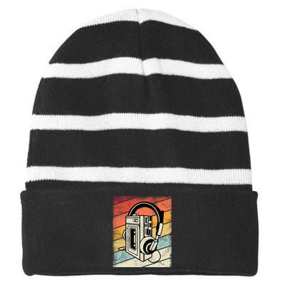 Vintage Walkman Retro 80s 90s Graphic Striped Beanie with Solid Band