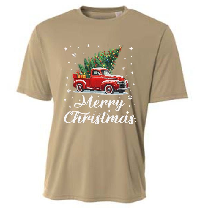 Vintage Wagon Red Car Merry Christmas Tree Xmas Red Truck Cooling Performance Crew T-Shirt