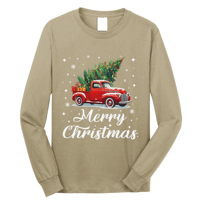 Vintage Wagon Red Car Merry Christmas Tree Xmas Red Truck Long Sleeve Shirt