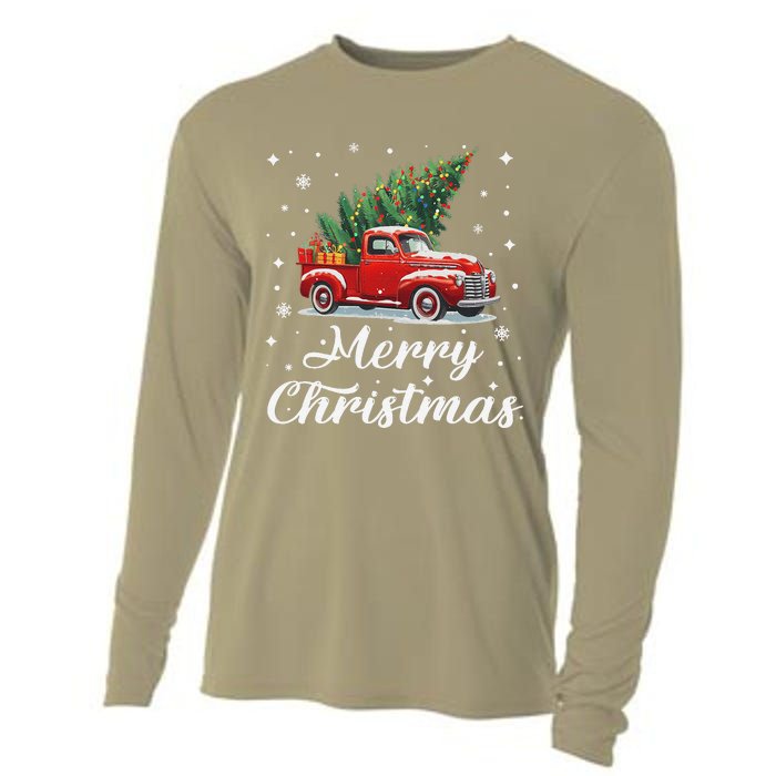 Vintage Wagon Red Car Merry Christmas Tree Xmas Red Truck Cooling Performance Long Sleeve Crew